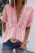 Pink Ruffled V Neck Frill Hem Swiss Dot Blouse