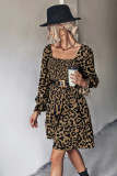 Smocked Square Neck Leopard Print Mini Dress