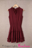 Wine Red Sleeveless V Neck Ruffled Swing Mini Dress