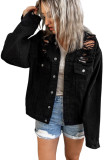 Black Distressed Buttons Chest Pockets Denim Jacket