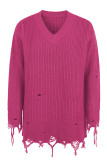 Ripped Raw Edge V Neck Plain Knit Sweaters