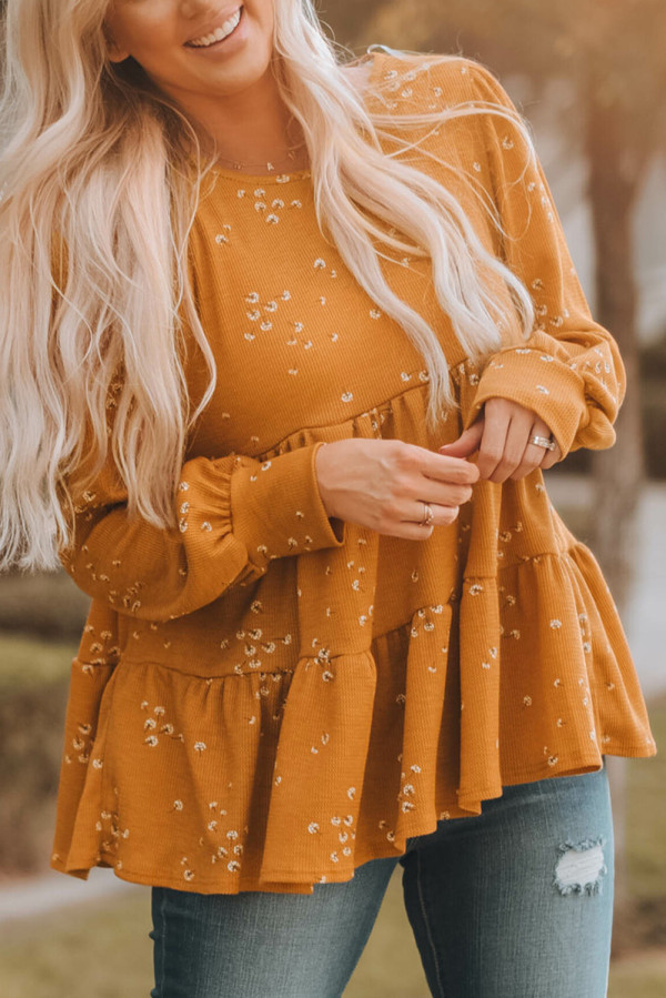 Floral Print Ruffle Long Sleeve Tunic Top