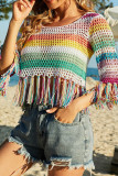 Color Striped Hollow Out Knitted Beach Ruffles Cover Up Unishe Wholesale