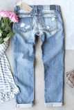 light Blue Leopard Gradient Color Patchwork Distressed Jeans