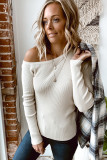Beige Knit One Shoulder Long Sleeve Pullover Top