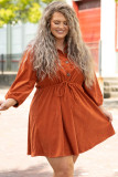 Orange Plus Size High Waist Corduroy Dress