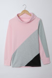 Pink Turtle Neck Sloping Color Block Long Sleeve Top