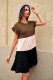 Khaki Ruffled Short Sleeve Colorblock Mini Dress
