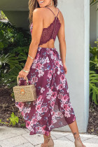 Burgundy Floral High-low Dress with Lace Back