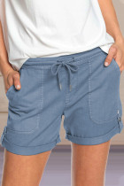 Blue Elastic Waistband Pocket Drawstring Shorts with Button