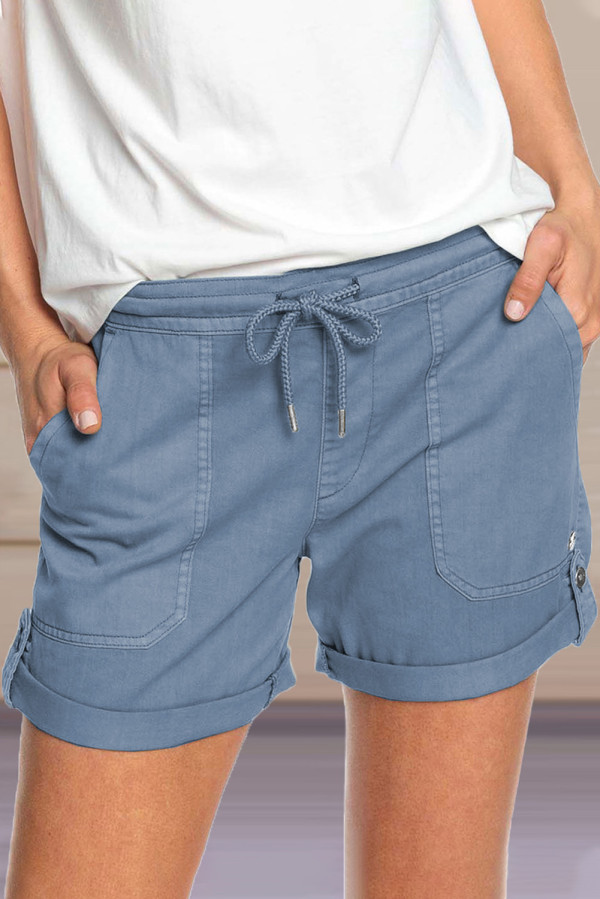 Blue Elastic Waistband Pocket Drawstring Shorts with Button