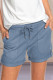 Blue Elastic Waistband Pocket Drawstring Shorts with Button