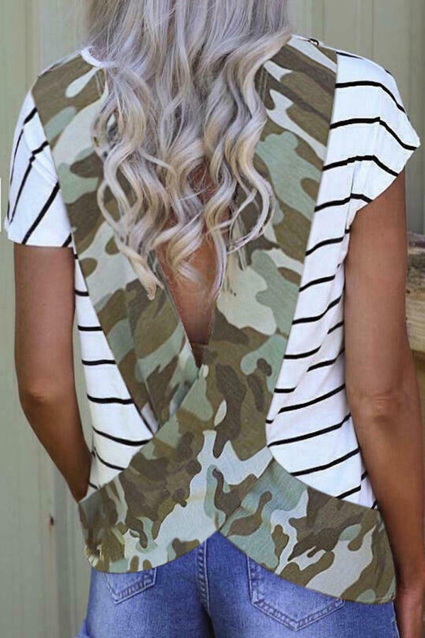 Stripe Green Camo Printed Open Back Short Sleeve T Shirt