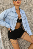 Blue Open Front Button Pocket Short Length Denim Jackets