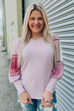 Pink Tribal Pattern Patchwork Waffle Knit Long Sleeve Top