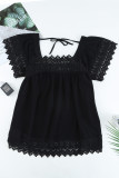 Black Lace Pom Pom Splicing Square Neck Blouse