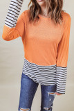 Orange Rhinestone Beading Striped Patchwork Long Sleeve Top