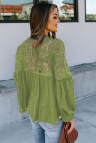 Green V Neckline Lace Shoulder Patchwork Blouse