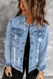 Sky Blue Distressed Buttons Washed Denim Jacket