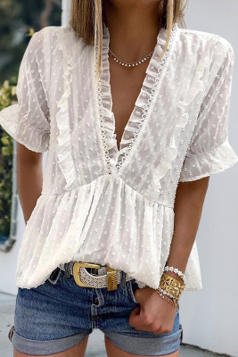 White Ruffled V Neck Frill Hem Swiss Dot Blouse