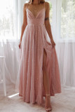 Pink Spaghetti Straps Backless Sequin Tulle Gown