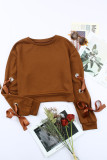 Brown Grommet Ribbon Tied Long Sleeve Crop Top
