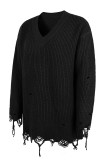 Ripped Raw Edge V Neck Plain Knit Sweaters