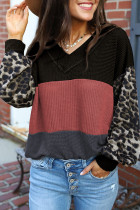 Black Wild Leopard Contrast Sleeve Colorblock Waffle Knit Top