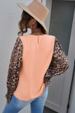 Coral Leopard Splicing Smocked Cuff Puff Long Sleeve Top