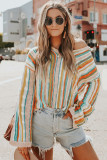 Multicolor Striped V Neck Bell Sleeve Hooded Sweater