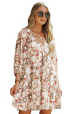 Apricot 3/4 Sleeves V Neck Print Tiered Flowy Short Dress