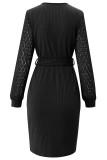V Neck Rib Knit Splicing Crochet Lace Long Sleeves Dress
