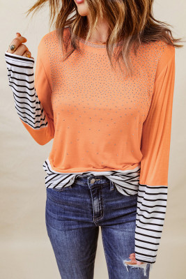 Orange Rhinestone Beading Striped Patchwork Long Sleeve Top