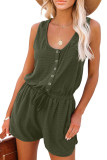 Green Buttons Drawstring Elastic Waist Sleeveless Romper