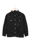 Black Distressed Buttons Chest Pockets Denim Jacket