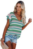 Green Striped Ruffle Short Sleeve Knit Top