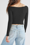 Plain Rib Knit U Neck Frill Long Sleeves Crop Top