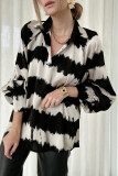 Black Striped Turn Down Collar Balloon Sleeve Blouse