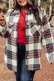 White Plaid Print Flap Pockets Plus Size Jacket