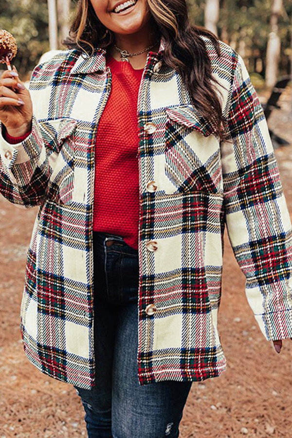 White Plaid Print Flap Pockets Plus Size Jacket