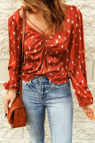 Orange Crisscross Dotted Print Bubble Sleeve Blouse