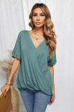 Green Short Sleeves Drape Knit Top