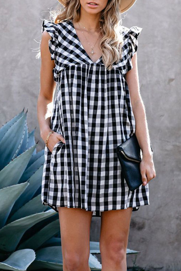 Black Plaid Ruffle V Neck Pocketed Babydoll Mini Dress