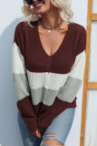 V Neck Color Block Cable Knit Sweaters