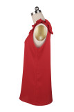Red Solid V Neck Ruffled Shoulder Tank Top