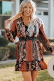 Floral Color Block Smocked Cuff Ruffled Mini Dress