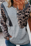 Gray Pocketed Half Zip Leopard Pullover Sweatshirt