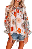 Orange Floral Print Ruffled Drawstring V Neck Blouse