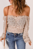 Apricot Frilled Off-shoulder Ruched Floral Top