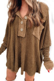 Brown Waffle Knit Buttoned Long Sleeve Top
